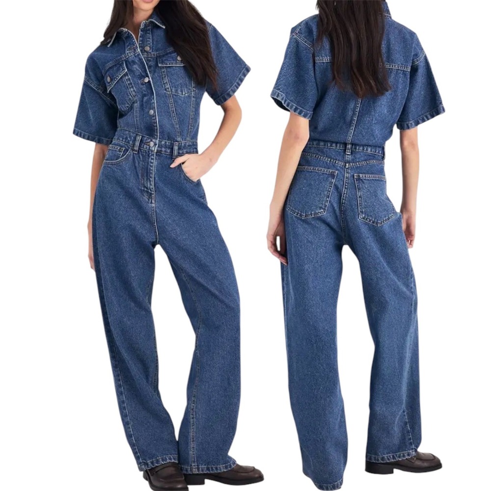 Nasty Gal Denim Low Rise Boyfriend Jumpsuit Blue Midwash Short Sleeve US  NEW - Picture 10 of 16